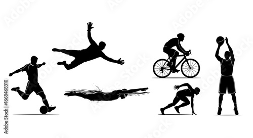 Dynamic silhouettes illustrating diverse sport disciplines and athletic prowess in black