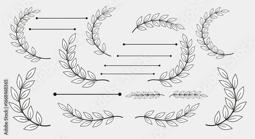 A collection of laurel wreath illustrations with lines for text, in a monochromatic, minimalist style.