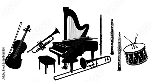 Musical Instruments Ensemble: A Symphony in Silhouette Against White