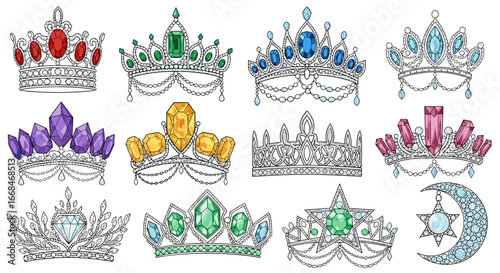 Collection of twelve ornate crowns adorned with various colorful gemstones and intricate pearl details