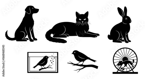 Minimalistic Pet Icon Set Displaying Common Animal Companions in Black