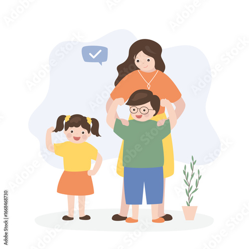Portrait of happy family of 3, three members, mom and two children, son, daughter, posing together. Relationship, childhood. Single mother and two cute kids.