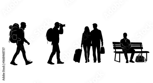 Travel Silhouette: Diverse Travelers in Black and White Illustration
