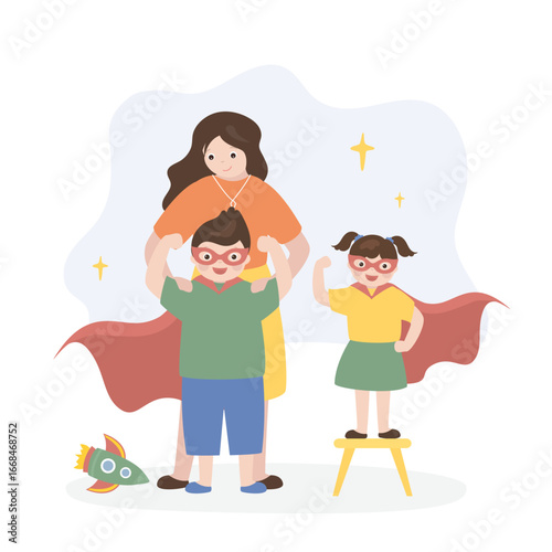 Cute boy and girl dressed in super hero costumes. Happy family, mother with son and daughter. Kids games, entertainment, development of imagination