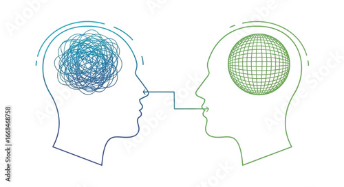 Two human head silhouettes connected, one with a tangled mind, the other with a clear one.