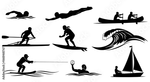 Aquatic Sports Silhouette Collection: Swimming, Sailing, Surfing, Canoeing, and Water Polo