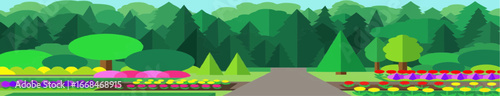 A vibrant, stylized illustration of a garden path leading into a lush forest, surrounded by colorful flowers and diverse trees under a clear sky.