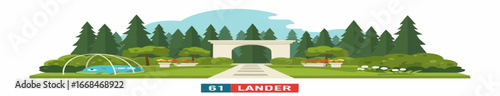 A picturesque illustration of a garden with a pathway leading to an archway, surrounded by lush greenery.