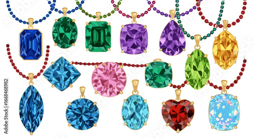 Assortment of gemstone pendants hanging from beaded chains in various colors and shapes displayed together