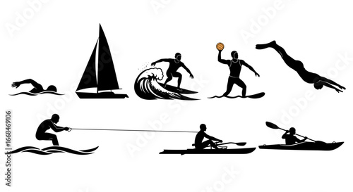 Aquatic activities and sports are depicted through illustrative black silhouettes