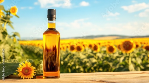 A bottle of organic sunflower oil placed on a wooden surface with golden sunflower fields in the background