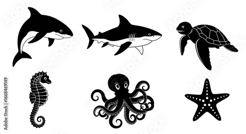 Black and white marine creatures: sea, ocean animal icons.