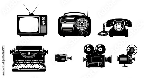 Black and White Retro Communication and Media Devices Set