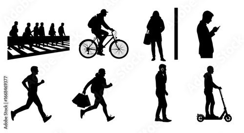 Silhouettes of people engaged in different activities in an urban environment