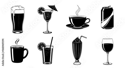 Assorted Beverages Icons: Beer, Cocktail, Coffee, Soda, Juice, Milkshake, Wine