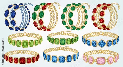 A collection of nine gemstone bracelets in various colors and gold chains on a light background