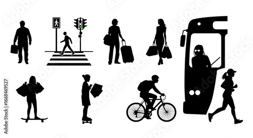 Urban transportation illustration with people silhouettes in various modes of transport