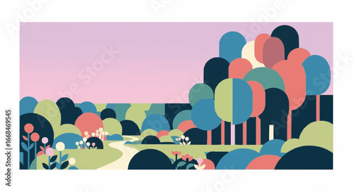 A stylized landscape illustration with a winding path, colorful trees, and blooming flowers.