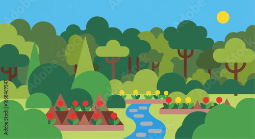A vibrant, stylized illustration of a lush forest with a winding river and colorful flower gardens under a sunny sky.
