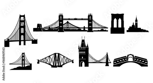 Iconic Global Landmarks and Bridges in Minimalist Silhouette Style Illustration
