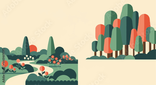 Two landscape illustrations, one with a winding path and flowers, the other with a dense grouping of trees.