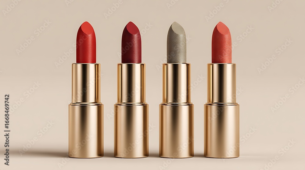 Obraz premium Red lipstick on a white background with a shiny tube and makeup accessories