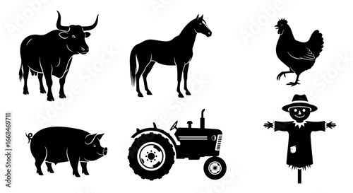 Farm animal and equipment silhouettes in black and white artwork.