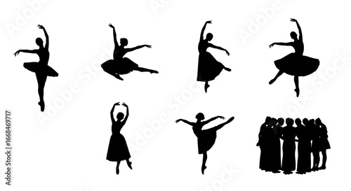 Ballerina silhouettes exhibiting elegant dance postures in a minimalistic artistic arrangement