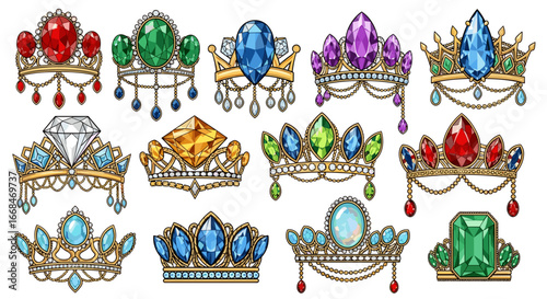 Collection of ornate crowns adorned with colorful gemstones and delicate beaded embellishments design art