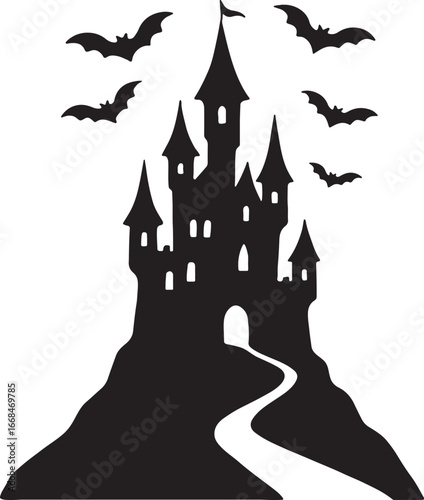 Spooky halloween castle silhouette with bats isolated on transparent background