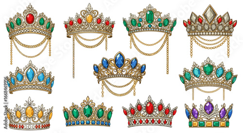 Collection of ten ornate crowns adorned with colorful gemstones and intricate golden filigree designs