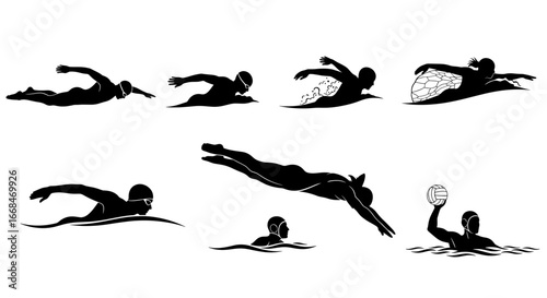 Aquatic Athletes: Black Silhouettes Depicting Swimming and Water Polo Action