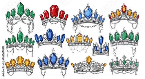 Collection of twelve ornate crowns adorned with colorful gemstones and intricate silver detailing designs set
