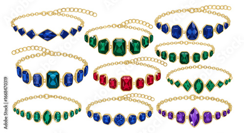 Display of nine gold chain bracelets with colorful gemstone pendants in varying shapes and sizes
