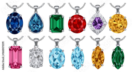 Collection of twelve gemstone pendants with silver chains in various shapes and colors displayed