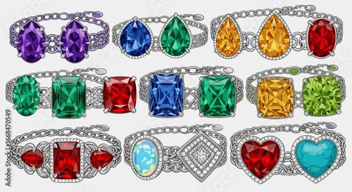 Collection of rings featuring various gemstones with different shapes and vibrant colors shown