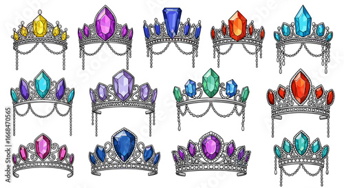 Collection of twelve intricately designed crowns adorned with colorful gemstones and delicate silver chains