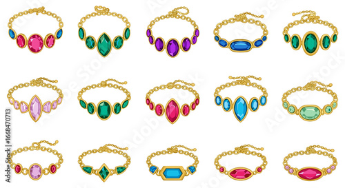 Collection of fifteen golden chain necklaces with colorful gem pendants on a white background