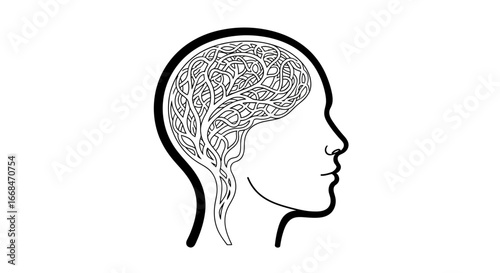 Silhouette of a human head with a complex network of lines representing the brain's neural pathways.