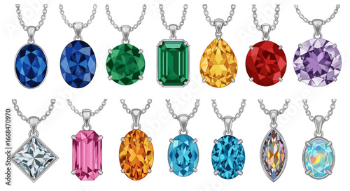 Display of various gemstone pendants with silver chains in different shapes and colors jewelry collection
