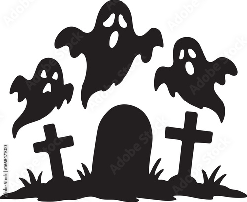 Spooky halloween ghosts and gravestones isolated on transparent background