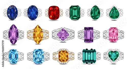 Collection of fifteen gemstone rings showcasing various colors and unique shapes in a detailed display