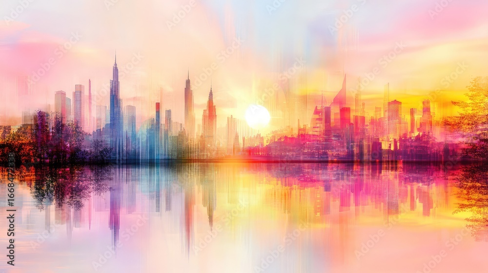 Fototapeta premium Abstract city skyline at sunset, with watery reflections and golden tones blending into a peaceful urban twilight
