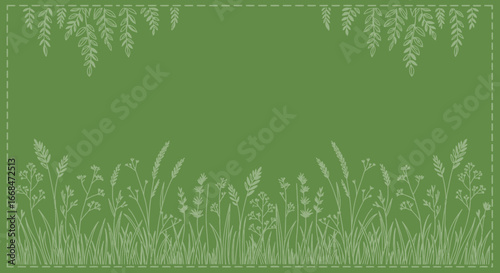 Wallpaper Mural A stylized illustration of a grassy meadow with detailed plant outlines and fern accents. Torontodigital.ca