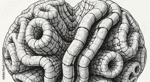 A detailed, artistic illustration of a brain, rendered with a complex, textured design.