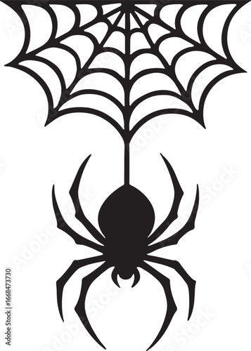 Black spider hanging from cobweb isolated on transparent background