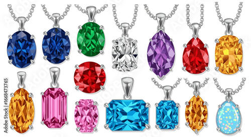 Assortment of gemstone pendants with silver chains in various colors and shapes on a white background