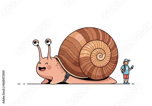 A giant smiling snail with big eyes stands next to a person holding a phone on a white background