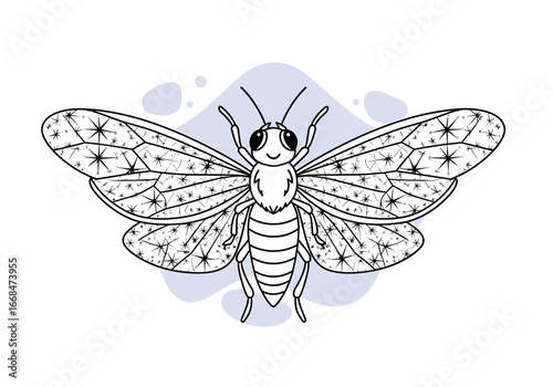 Detailed illustration of a moth with intricate wing patterns and a friendly face surrounded by abstract shapes