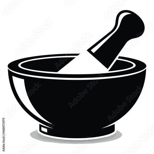 Classic black and white mortar and pestle grinding powder for herbs spices or medicine preparation